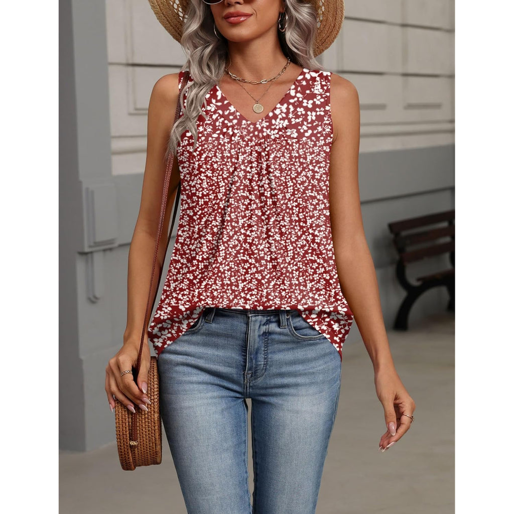 Women's Pleated V-Neck Tank Top Red Floral Fragments