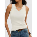 Women's V-Neck Sweater Knit Tank Top Cream White