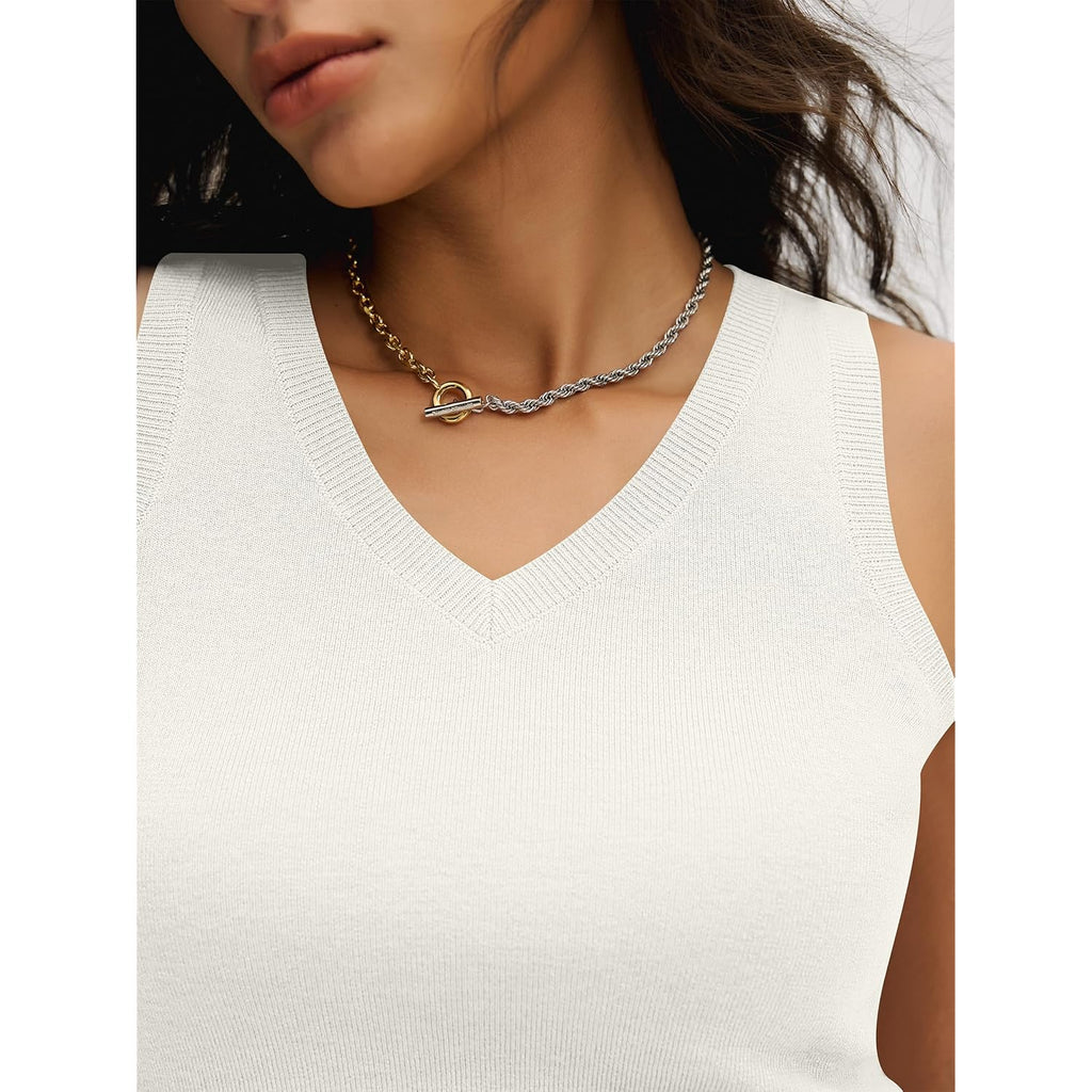Women's V-Neck Sweater Knit Tank Top Cream White