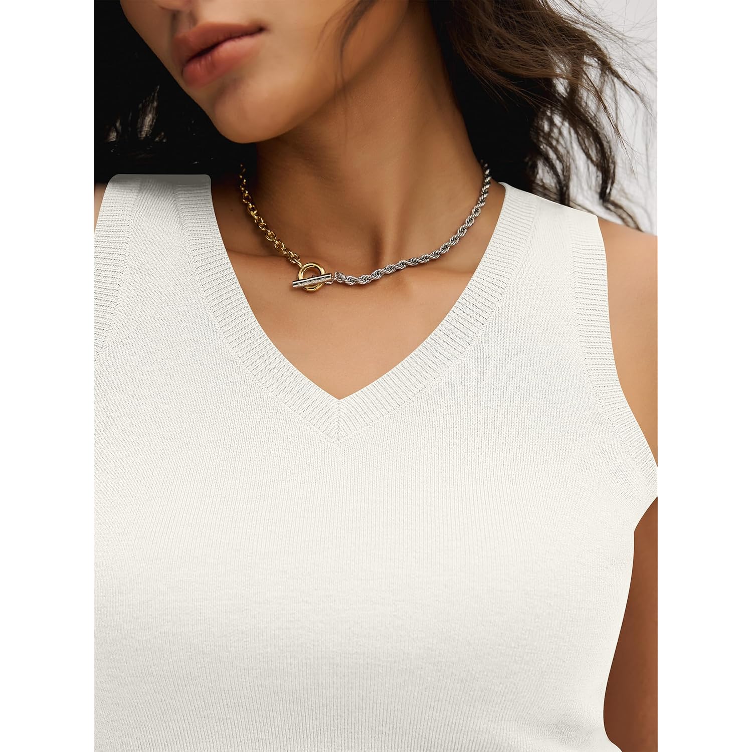 Women's V-Neck Sweater Knit Tank Top Cream White