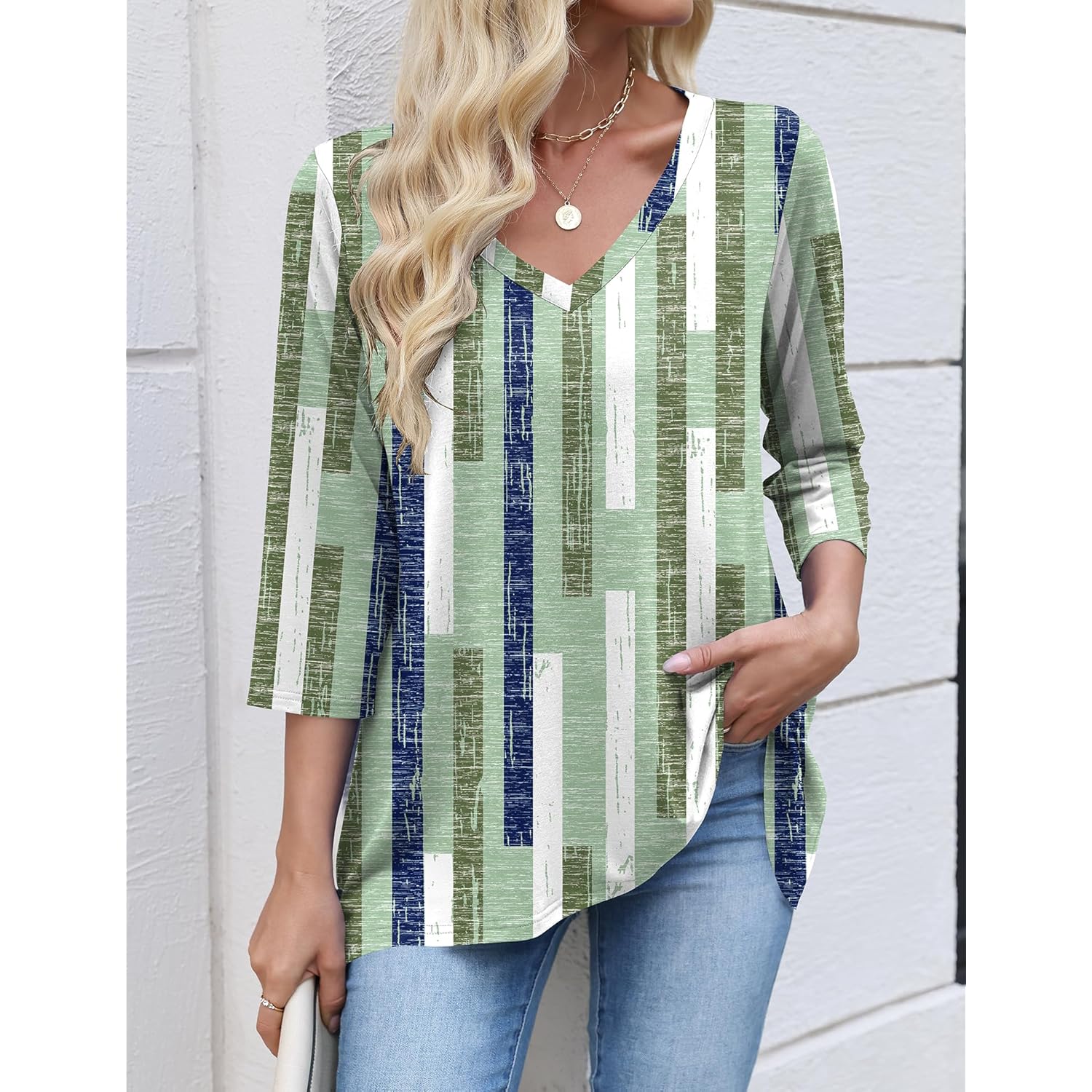 Women's V-Neck Flowy Tunic Top Green/White Plaid