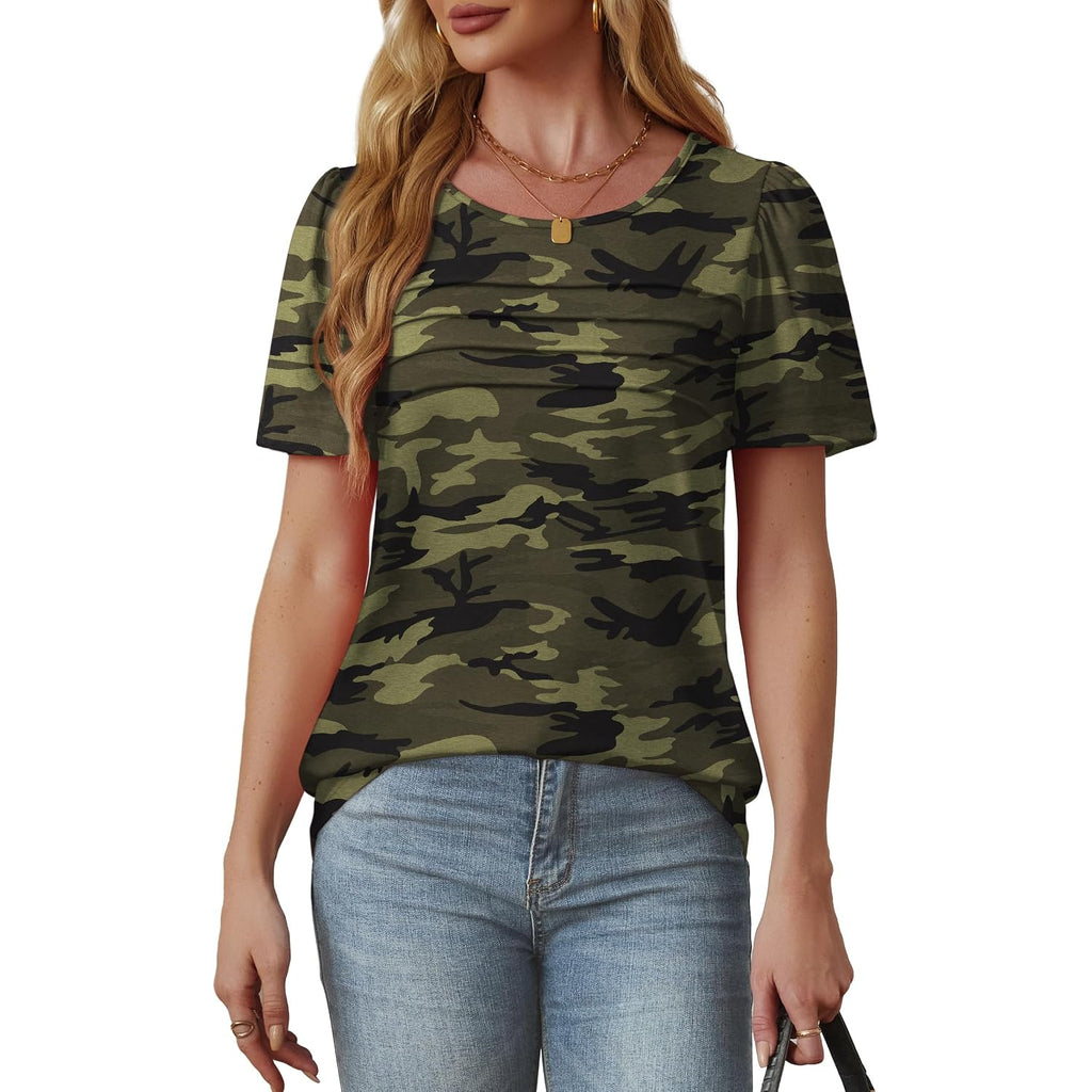 OFEEFAN Womens T Shirts Short Sleeve Tops Dressy Casual Blouses Spring Summer Outfits Flowy Pleated Front Scooped Neck