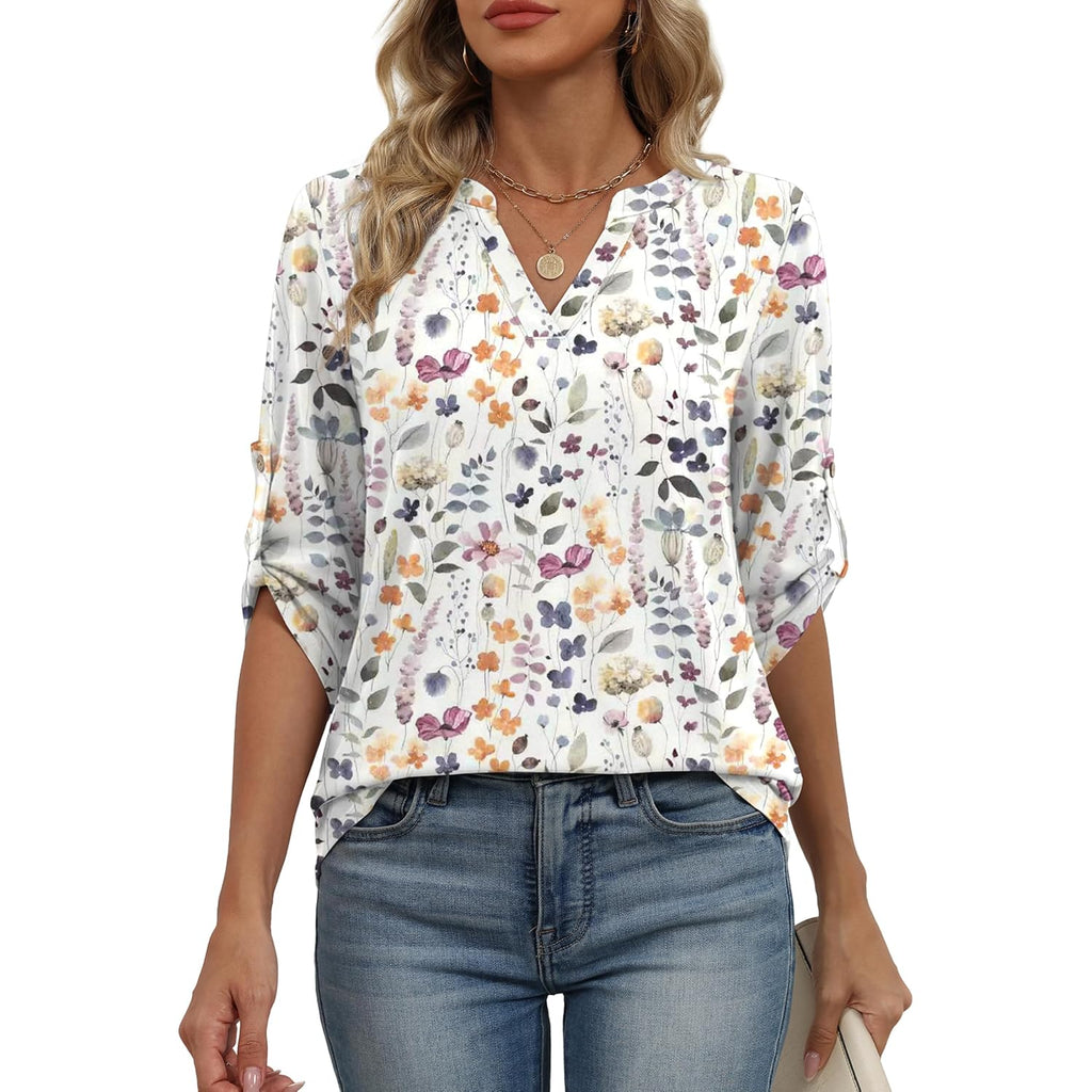 Women's Button Detail V-Neck Tunic Top White Floral