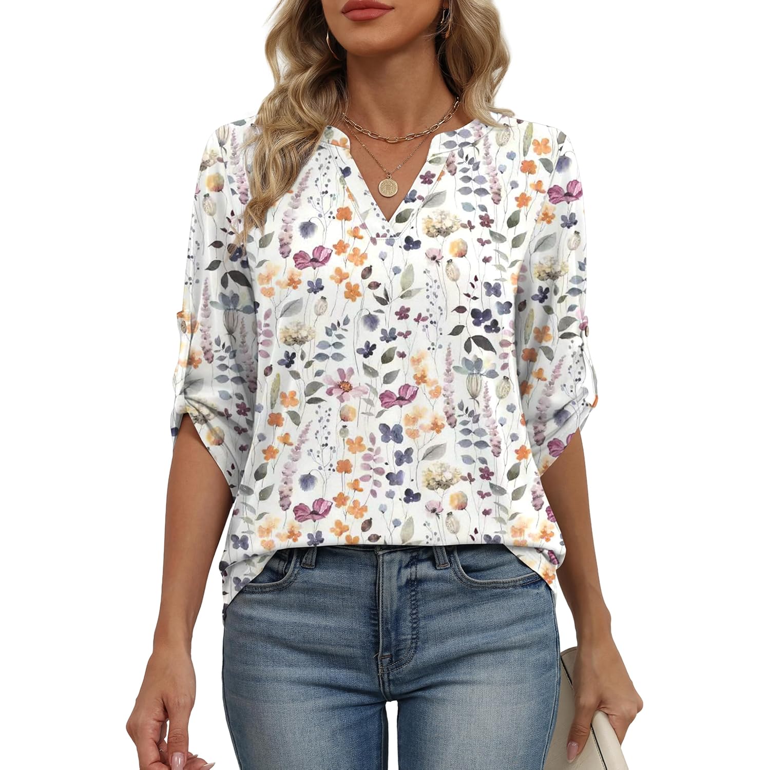 Women's Button Detail V-Neck Tunic Top White Floral