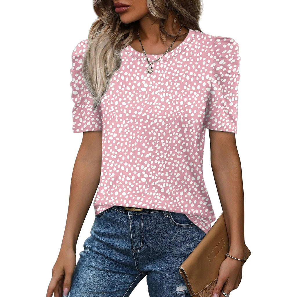 WIHOLL Summer Tops for Women Puff Sleeve Crewneck T Shirts Dressy Casual Blouses Spring Outfits Fashion Clothes