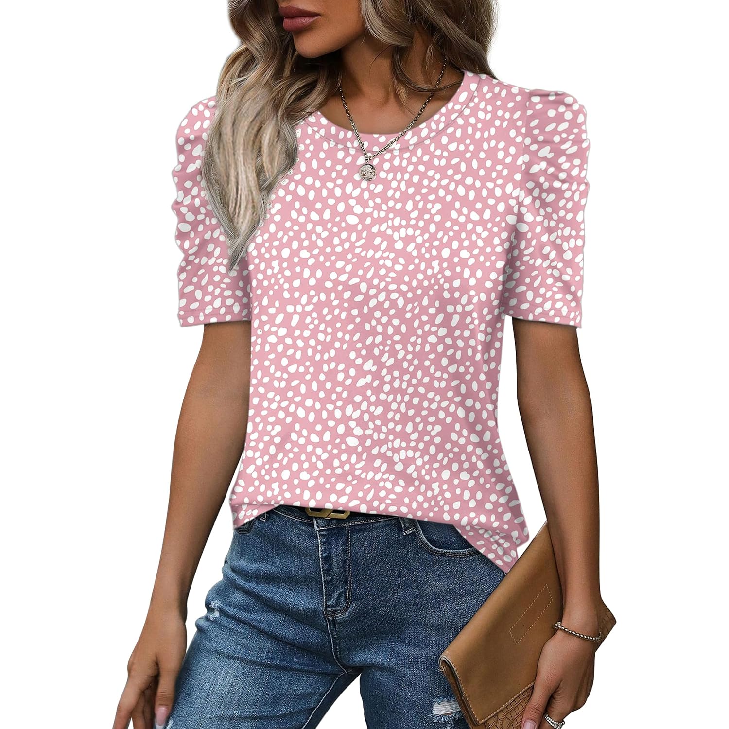 WIHOLL Summer Tops for Women Puff Sleeve Crewneck T Shirts Dressy Casual Blouses Spring Outfits Fashion Clothes