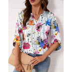 Women's Flowy V-Neck Tunic Top White Colorful Floral