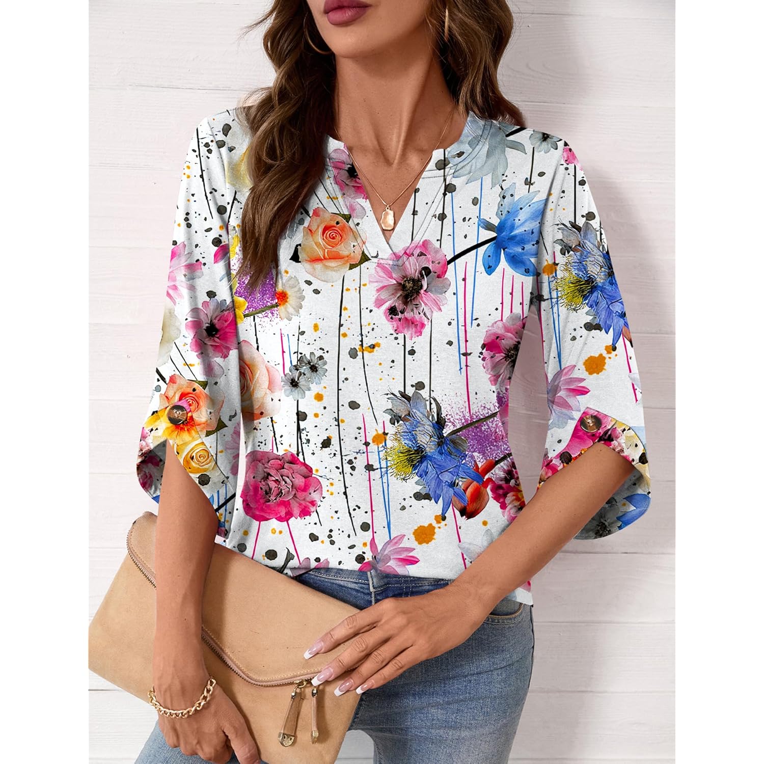 Women's Flowy V-Neck Tunic Top White Colorful Floral