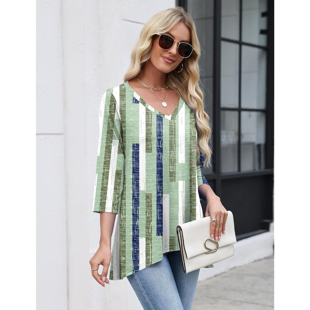 Women's V-Neck Flowy Tunic Top Green/White Plaid