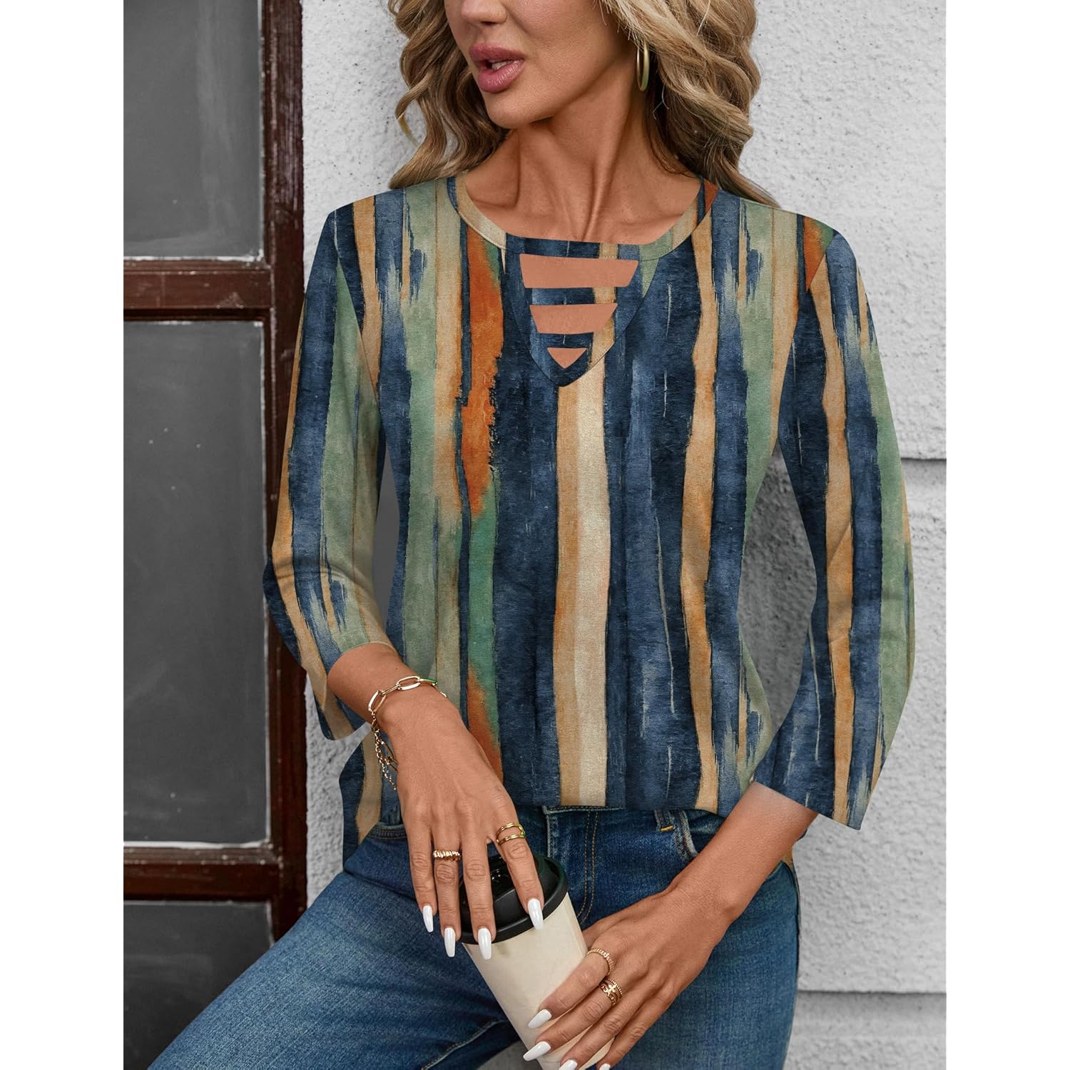 Women's Hollow Out Crew Neck Tunic Top Retro Stripes