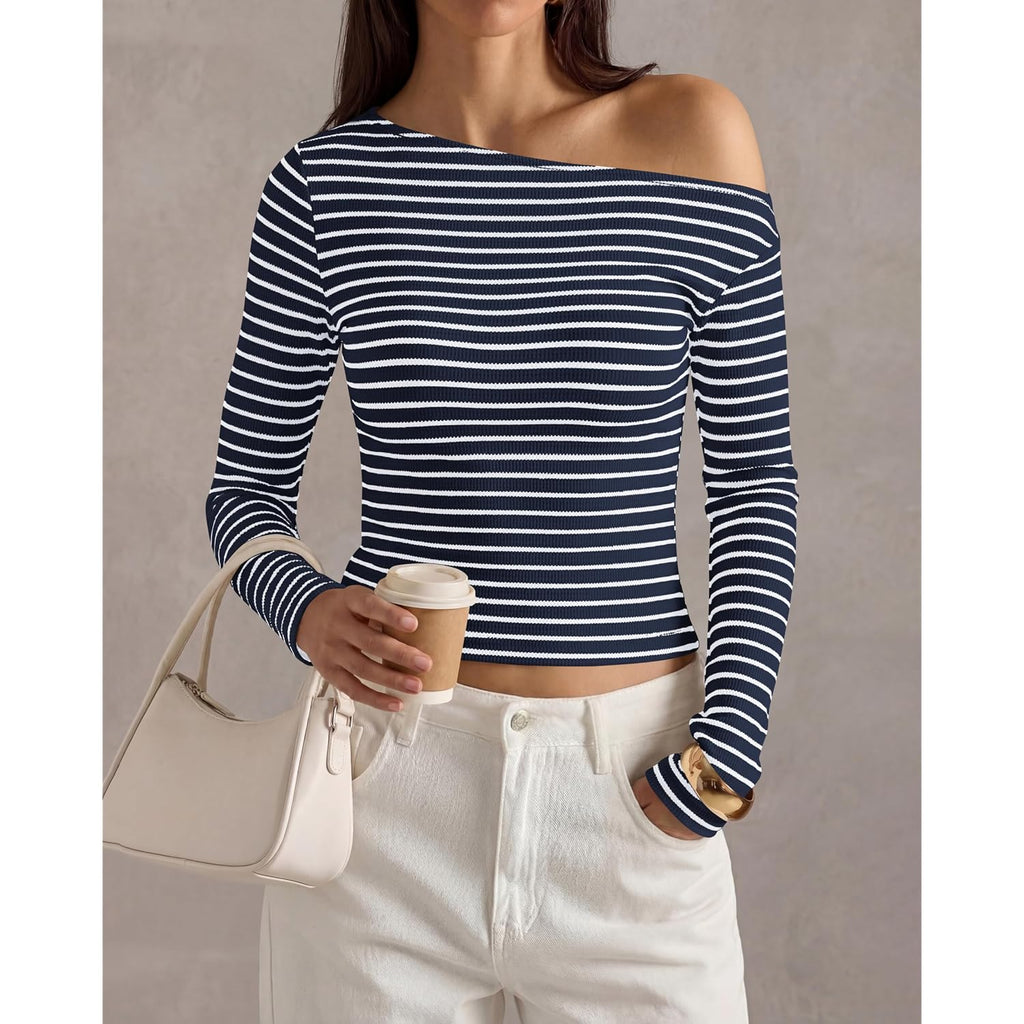 PRETTYGARDEN Womens Tops 2026 Fall Off The Shoulder Long Sleeve Shirts Striped Fitted Y2K T-Shirt Going Out Crop Top