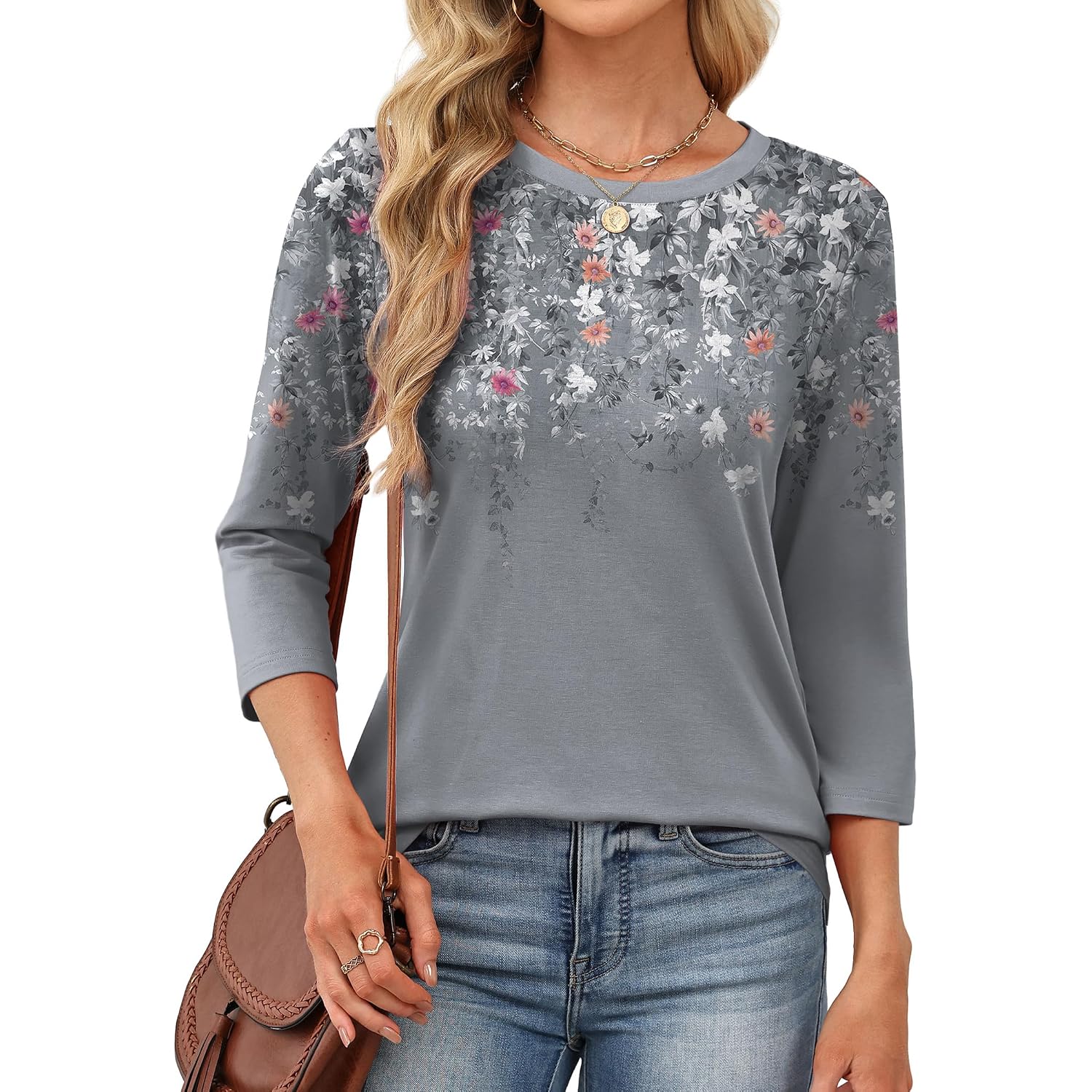OFEEFAN 3/4 Length Sleeve Womens Tops Dressy Casual Blouses Crew Neck T Shirt Fashion Clothing Loose Fit