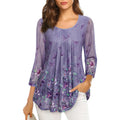 Women's Mesh Pleated Floral Tunic Top Spring Purple
