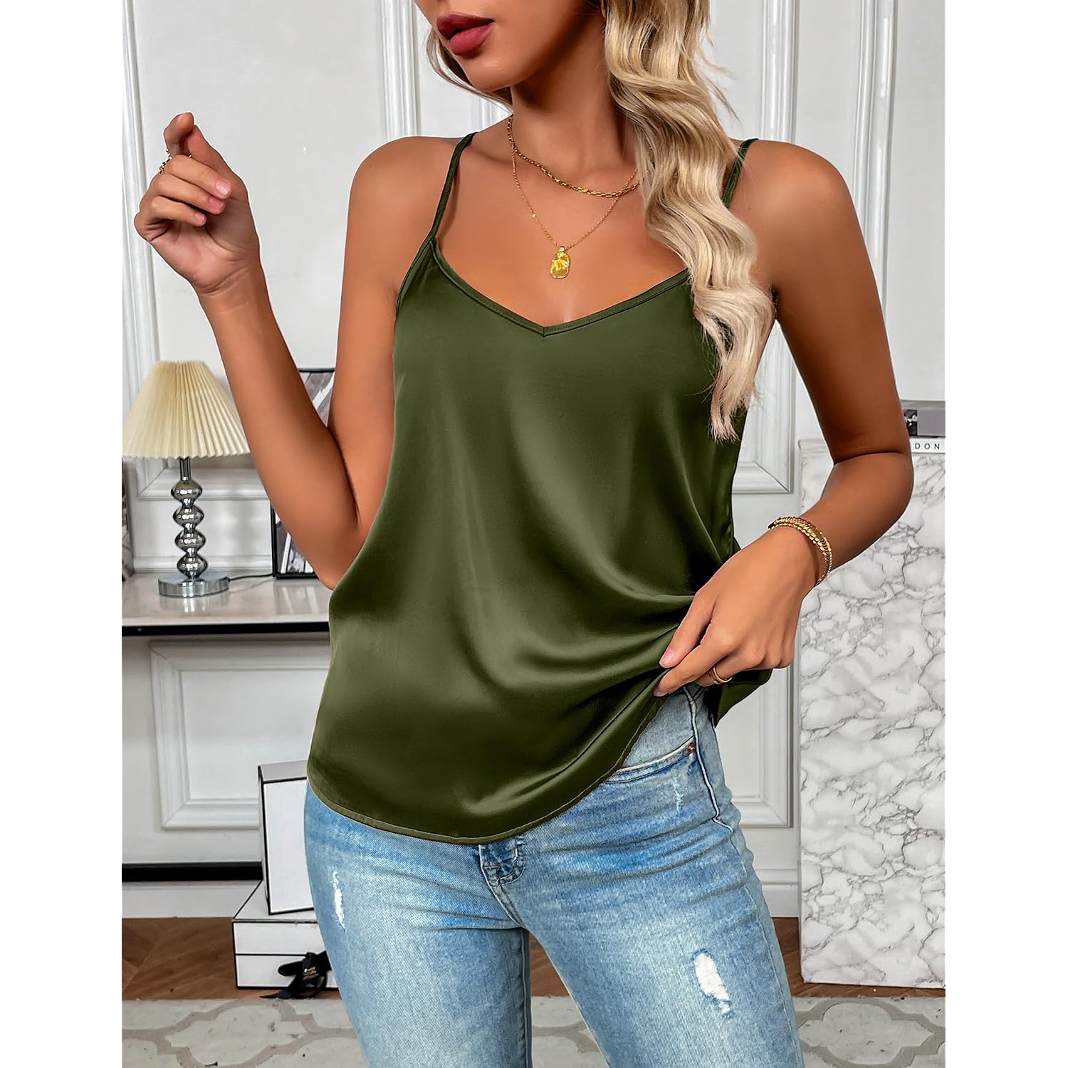 Zeagoo Women's Silk Satin Tank Tops 2026 V Neck Adjustable Spaghetti Strap Sleeveless Camisole Summer Basic Blouse