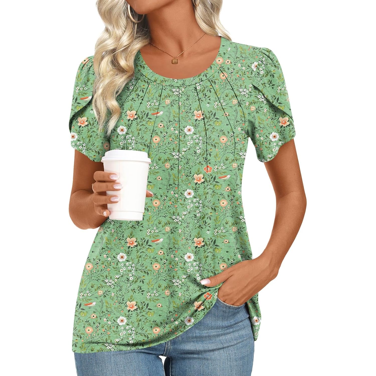 Women's Pleated Front Tunic Top Onion Green Floral