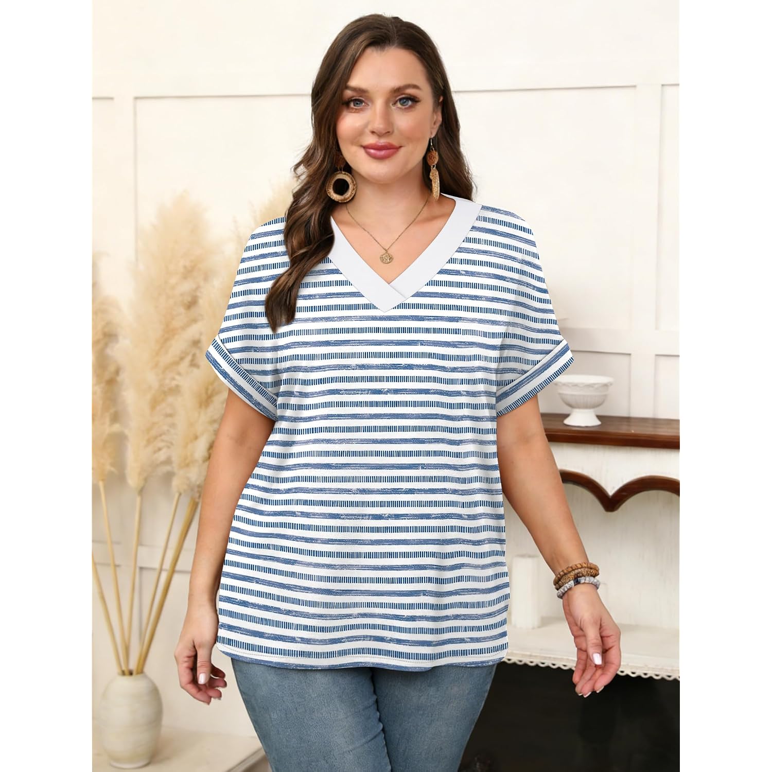 WIHOLL Womens Oversized V Neck Tshirts Plus Size Summer Tops 2026 Short Rolled Sleeve Shirts Dressy Casual Blouses S-4XL