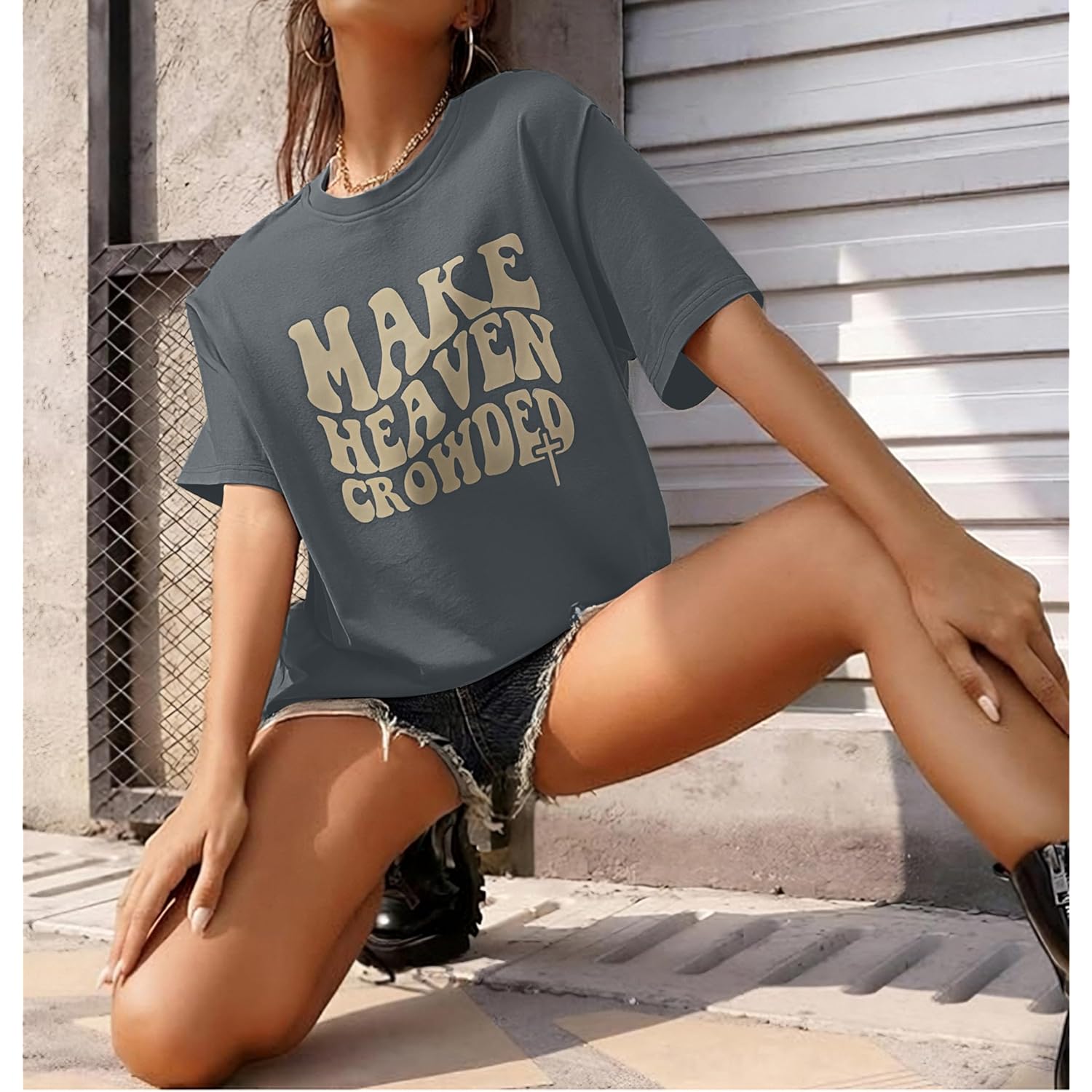 Make Heaven Crowded T-Shirt Women Oversized Christian Shirt Inspirational Graphic Tee Short Sleeve Top