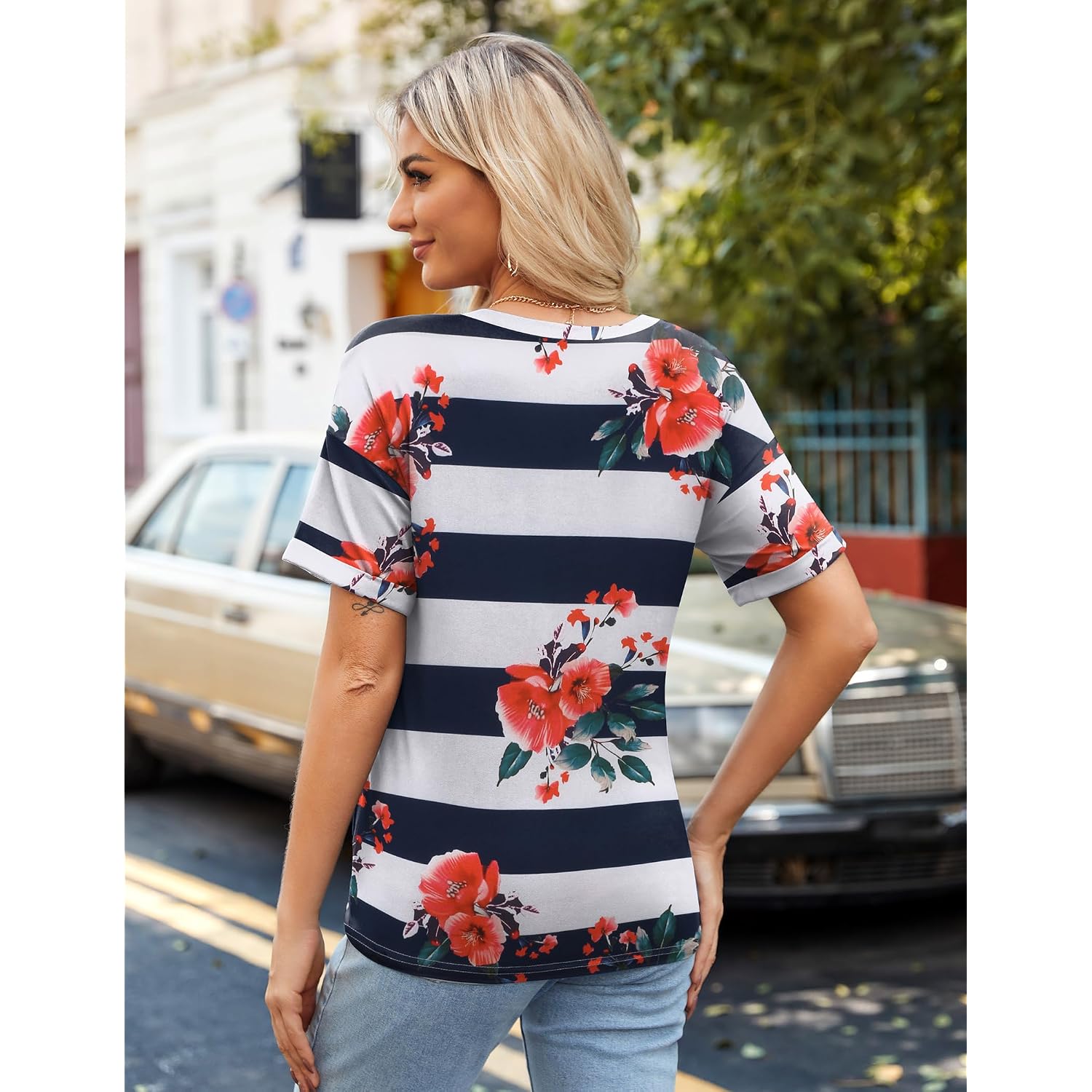 Zeagoo Womens Summer Tops Short Sleeve Casual Shirts Floral Tee Trendy 2026 Basics V Neck Plain Tshirt