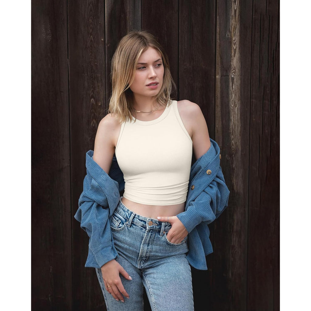 Women's Crew Neck Crop Tank Top Black/Beige