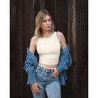 Women's Crew Neck Crop Tank Top Black/Beige