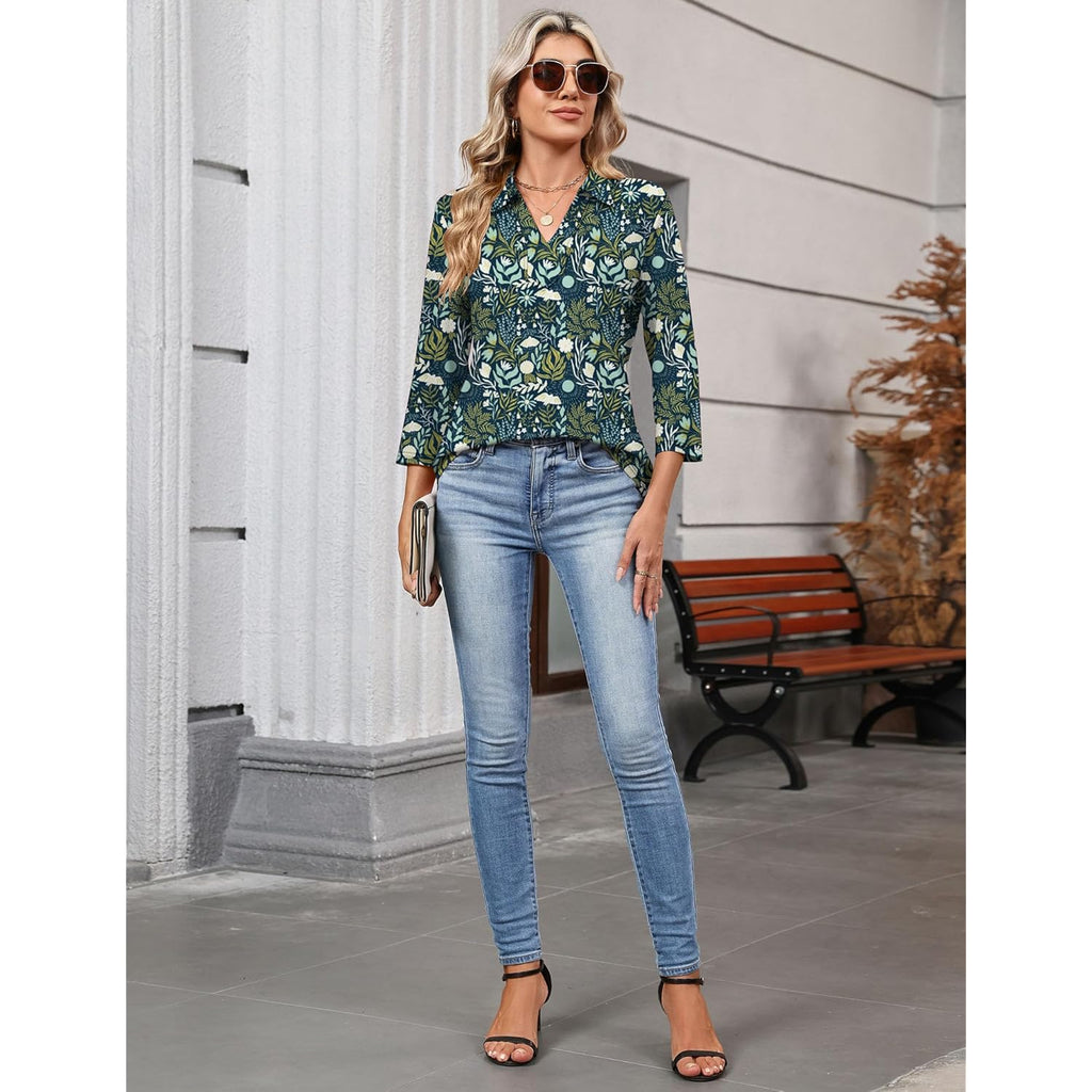 Women's 3/4 Sleeve Collared Polo Shirt Navy Blue Floral