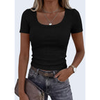 PRETTYGARDEN Scoop Neck Tops for Women 2026 Summer Basic Tees Trendy Short Sleeve Shirts Spring Casual Fitted Ribbed Tops