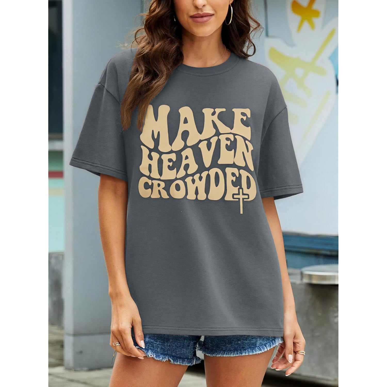 Make Heaven Crowded T-Shirt Women Oversized Christian Shirt Inspirational Graphic Tee Short Sleeve Top