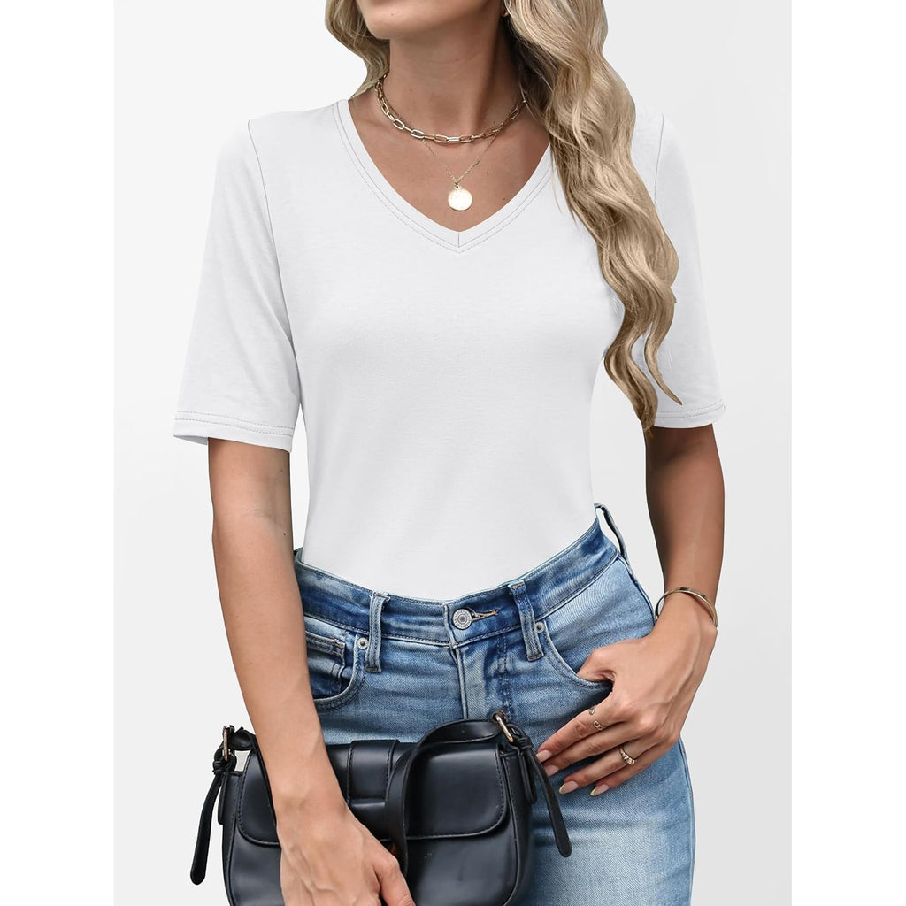 ANRABESS Womens Half Sleeve V Neck T Shirts, Fitted Comfy Fabric, Cozy for Daily, Office, Business, Versatile Summer Outfits