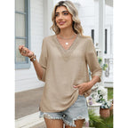Women's Boho Lace V-Neck Tunic Top Light Khaki
