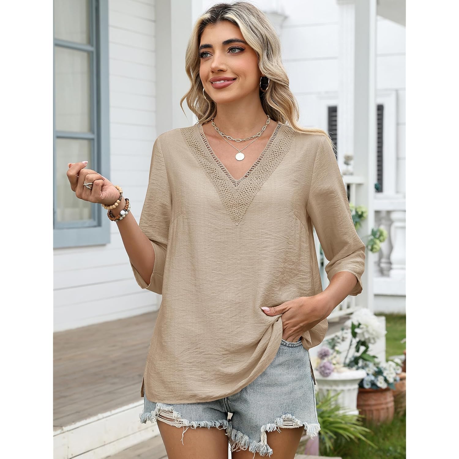 Women's Boho Lace V-Neck Tunic Top Light Khaki