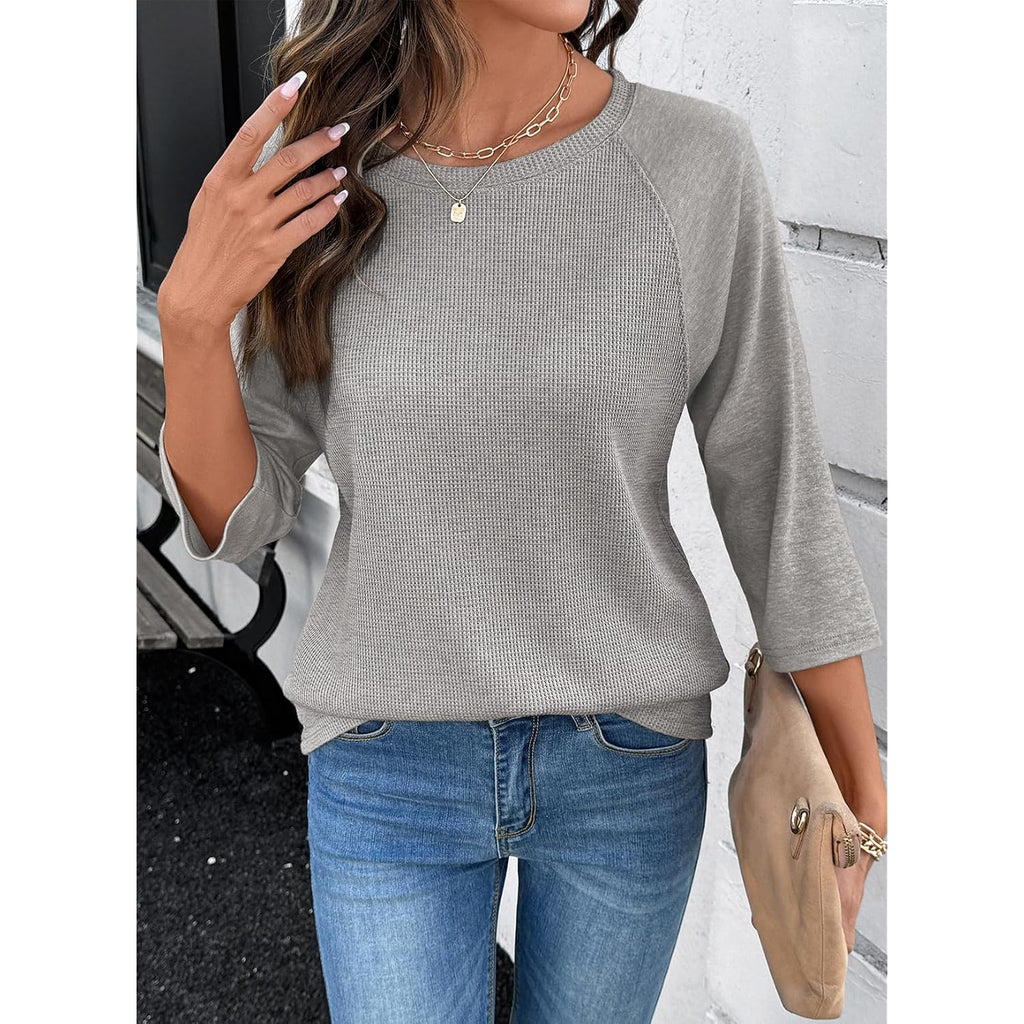 Dokotoo Womens Tops Spring Summer 3/4 Length Sleeve Fashion T Shirts for Women Crewneck Waffle Knit Casual Loose Tee Blouses