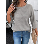 Dokotoo Womens Tops Spring Summer 3/4 Length Sleeve Fashion T Shirts for Women Crewneck Waffle Knit Casual Loose Tee Blouses