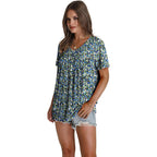 Women's Pleated V-Neck Tunic Top Floral Blue