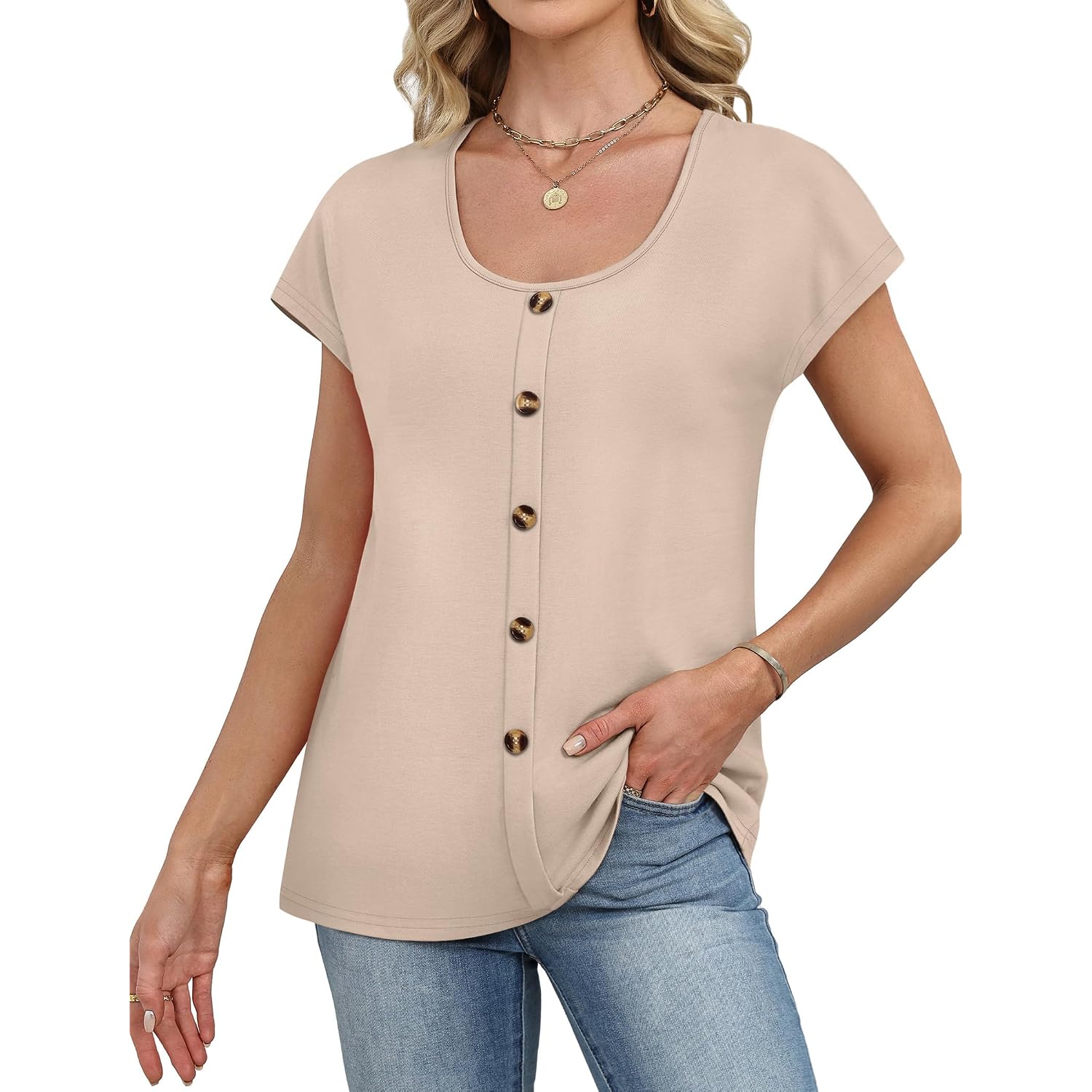 WIHOLL Womens Summer Tops Cap Short Sleeve Shirts Button Down Blouses U Neck T Shirts Fashion Clothing