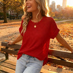 Sampeel Summer Tops for Women 2026 Trendy Rolled Short Sleeve Shirts Waffle Knit Crew Neck Tops Curved Hem Fashion Clothing