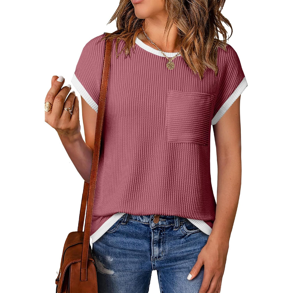 EVALESS Women's Short Sleeve T Shirts Crewneck Color Block Ribbed Knit Tee Blouses 2026 Trendy Summer Tops