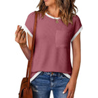 EVALESS Women's Short Sleeve T Shirts Crewneck Color Block Ribbed Knit Tee Blouses 2026 Trendy Summer Tops
