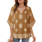 Women's Bohemian Peasant Tunic Top Coffee Multicolor