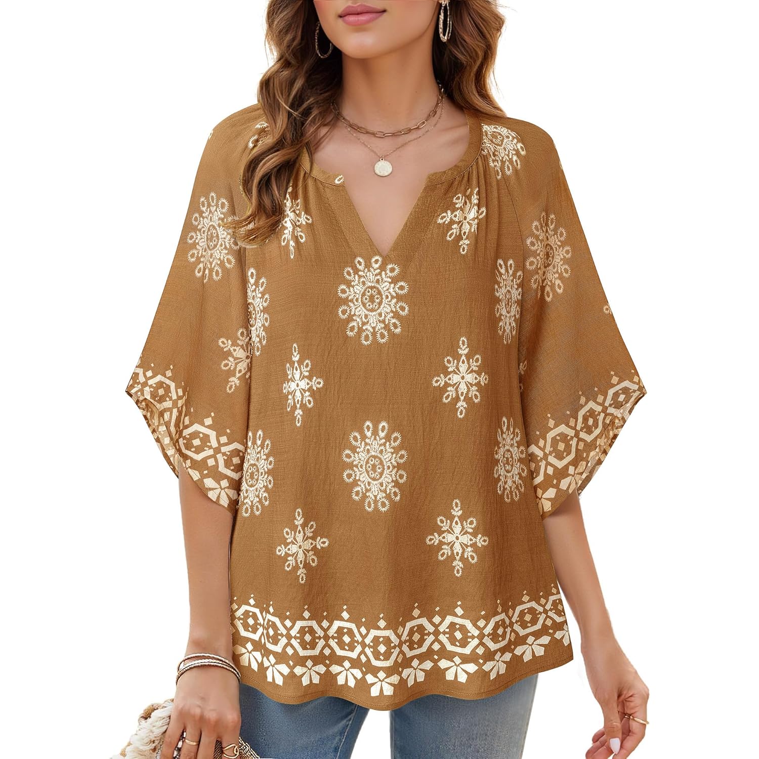 Women's Bohemian Peasant Tunic Top Coffee Multicolor