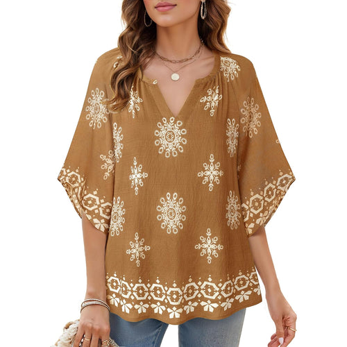Women's Bohemian Peasant Tunic Top Coffee Multicolor