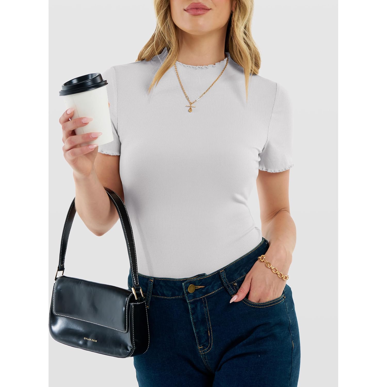 ANRABESS Women's Mock Neck Tops, Short Sleeve Fitted Tee, Soft Comfy Ribbed Tshirts, Summer Going Out Outfits for Daily& Work