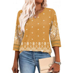 Women's Bohemian V-Neck Tunic Top Yellow Ethnic Print