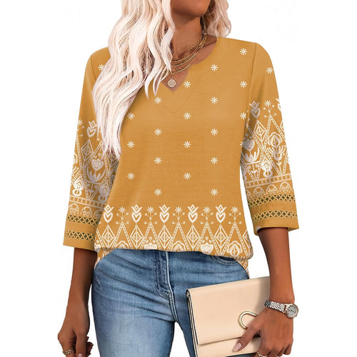 Women's Bohemian V-Neck Tunic Top Yellow Ethnic Print