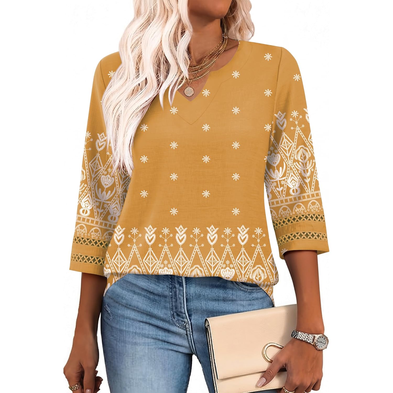 Women's Bohemian V-Neck Tunic Top Yellow Ethnic Print