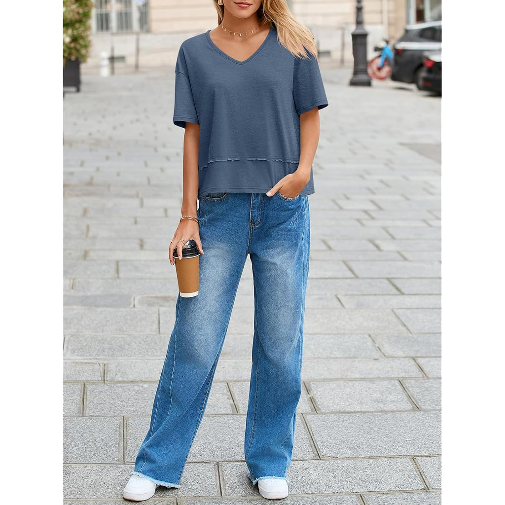 Cicy Bell Womens Summer V Neck T Shirts Casual Short Sleeve Flowy Tops Cute Loose Fit Basic Tees