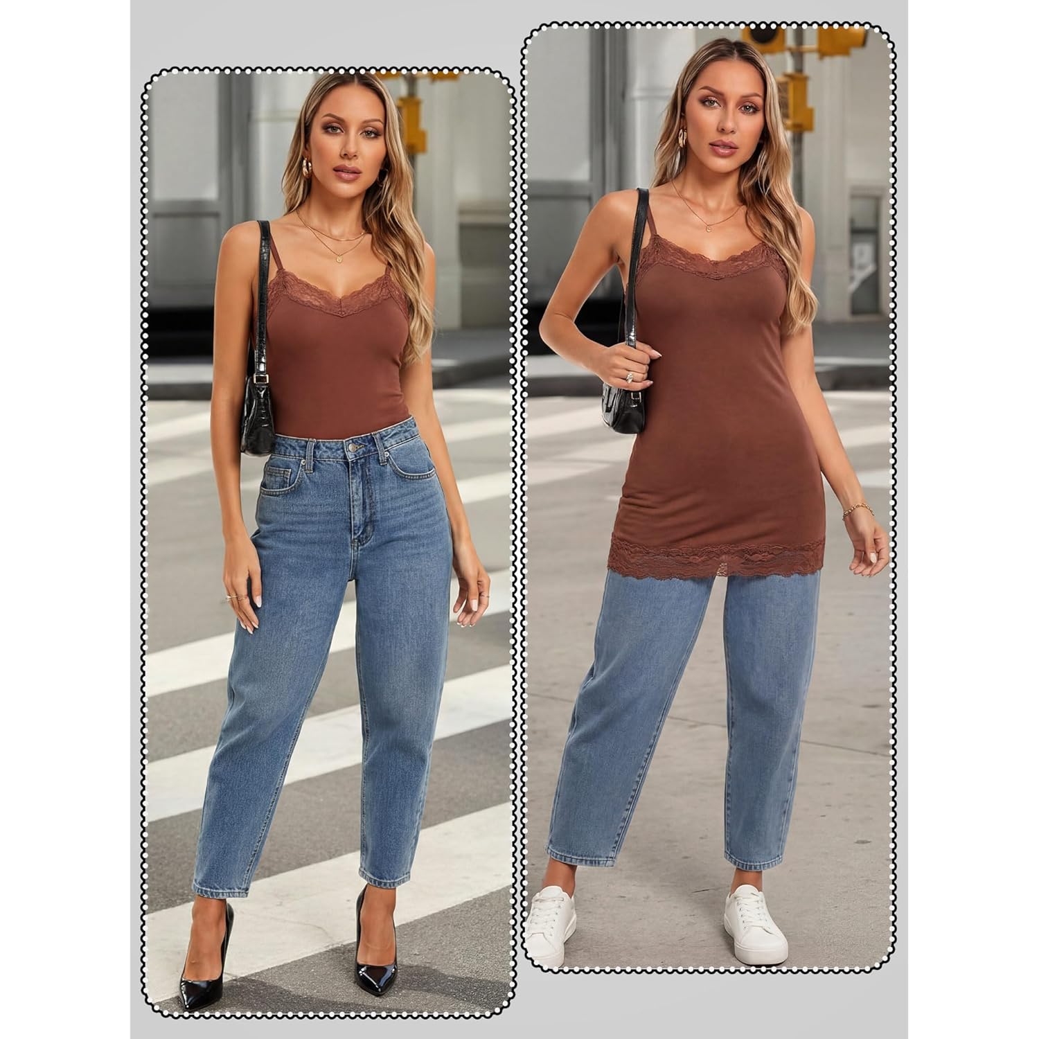Women's Lace Trim Camisole Tank Top Black/Milk Coffee/Caramel