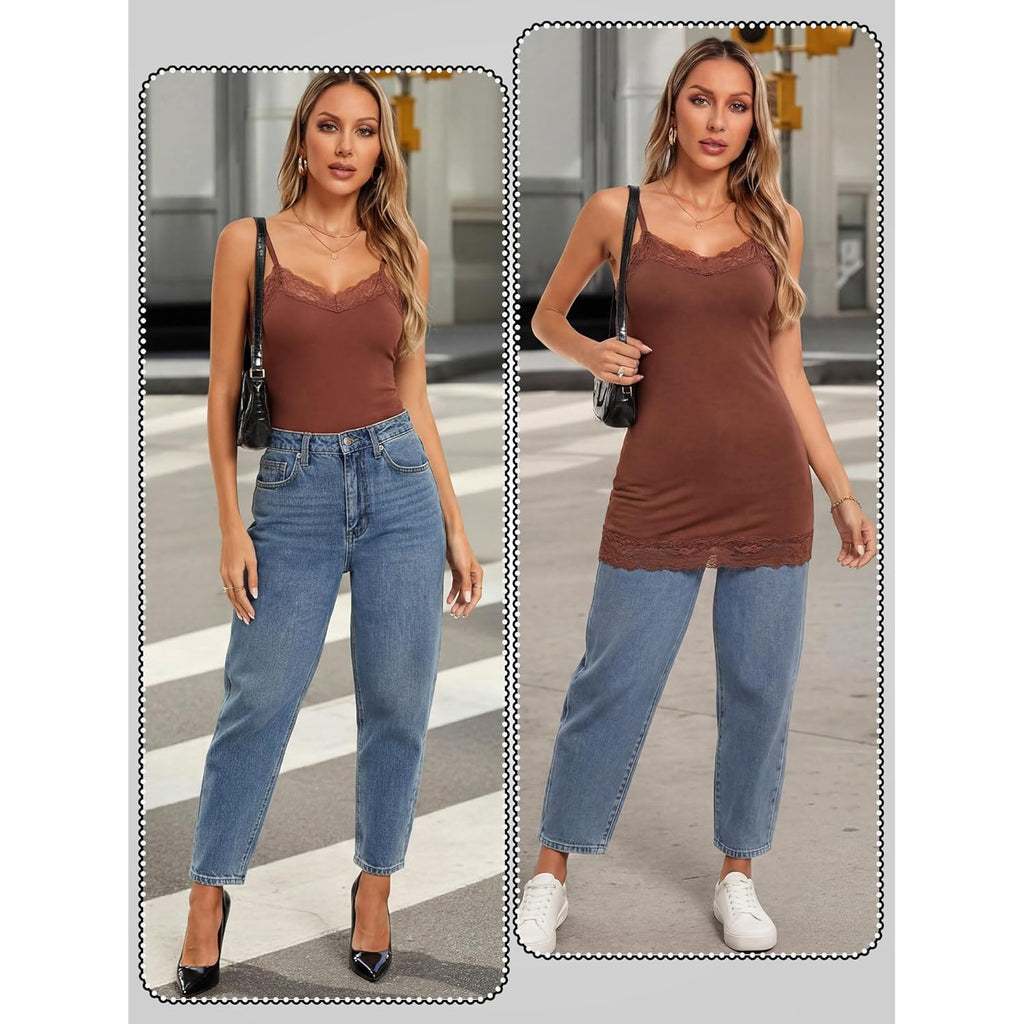Women's Lace Trim Camisole Tank Top Black/Milk Coffee/Caramel
