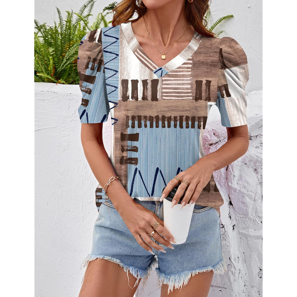 Women's Puff Sleeve V-Neck Tunic Top Brown/Blue Plaid