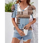Women's Puff Sleeve V-Neck Tunic Top Brown/Blue Plaid
