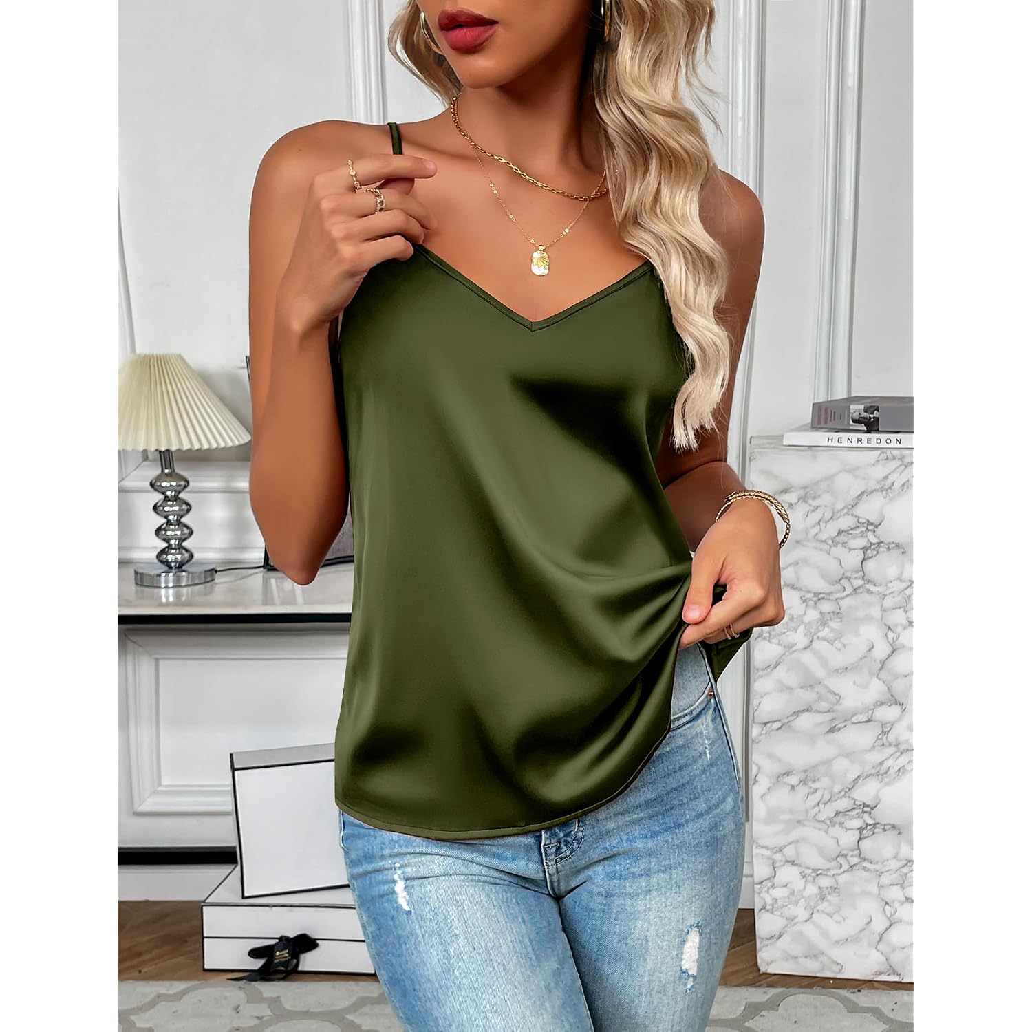 Zeagoo Women's Silk Satin Tank Tops 2026 V Neck Adjustable Spaghetti Strap Sleeveless Camisole Summer Basic Blouse